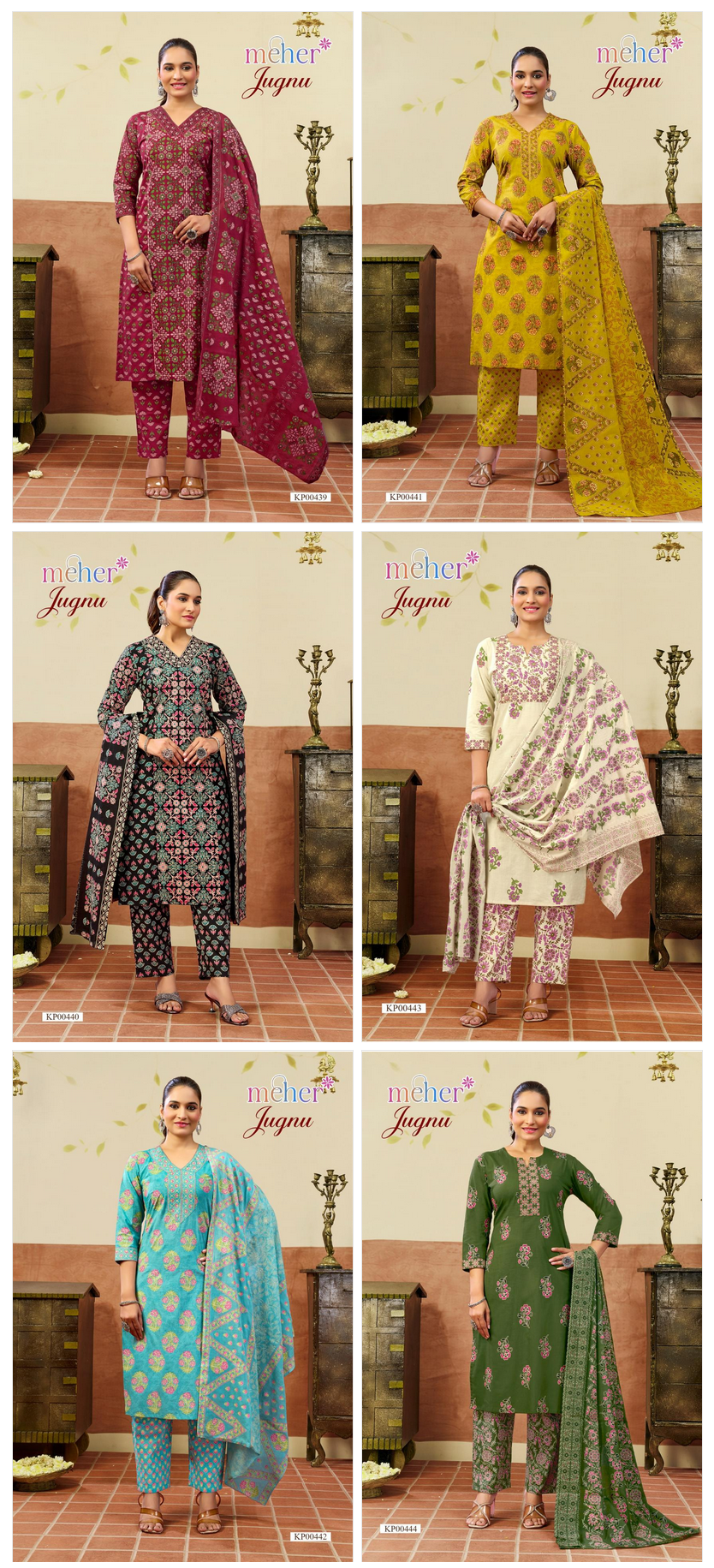 Meher Jugnu Cambric Cotton Kurti Pant Dupatta Set - Amrah Wholesale