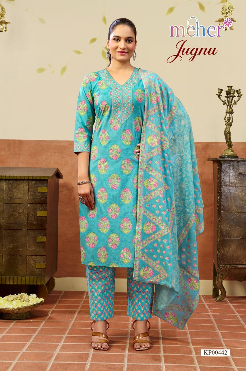 Meher Jugnu Cambric Cotton Kurti Pant Dupatta Set - Amrah Wholesale