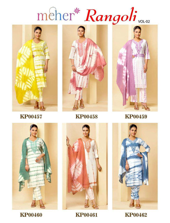 Meher Rangoli Vol 2 Cotton Cambric Top Bottom Dupatta Set