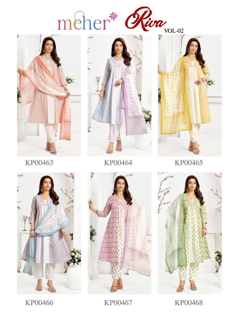 Meher Riva Vol 2 Cotton Cambric Kurti Pant Dupatta Set