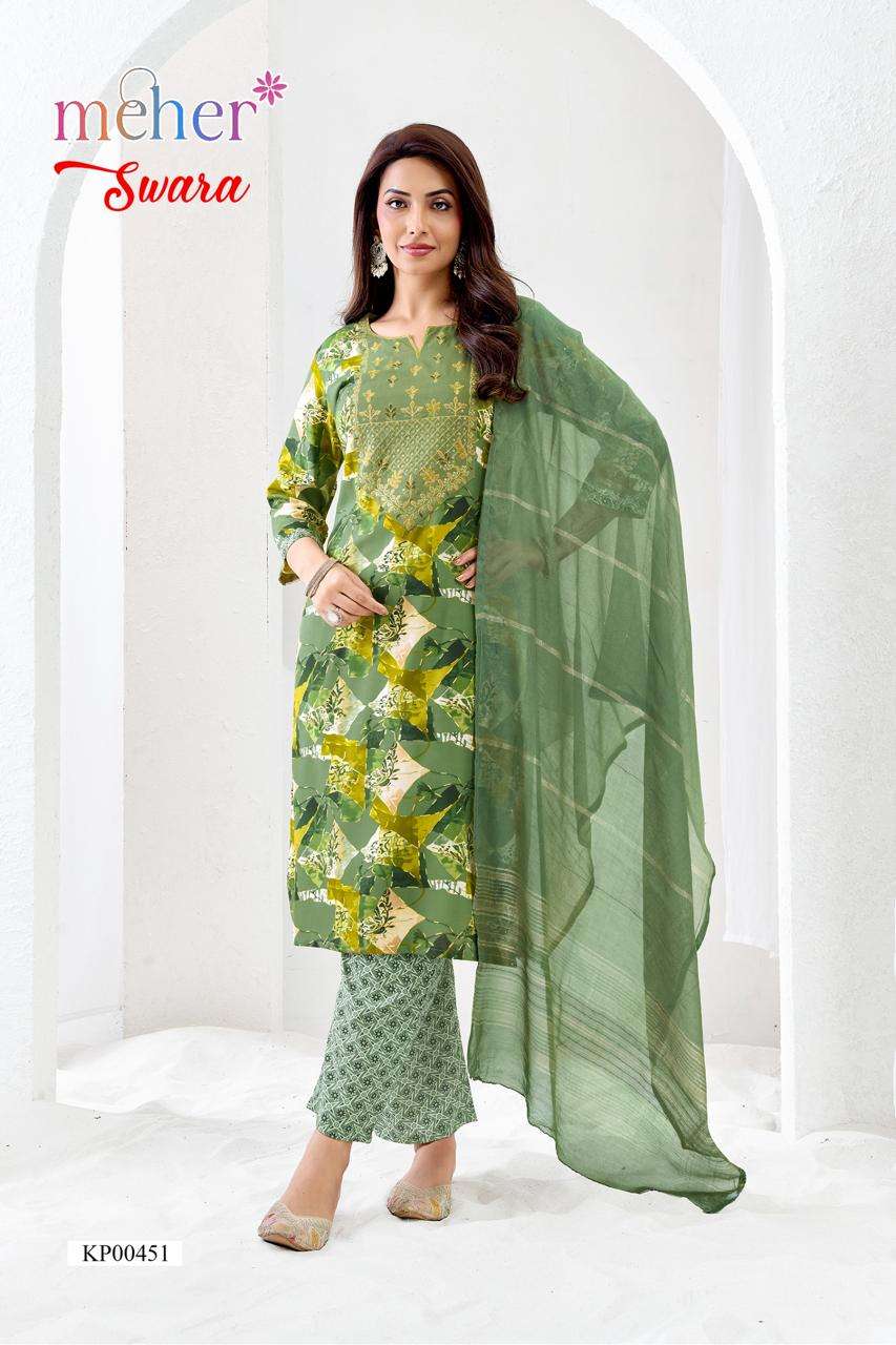 Meher Swara Rayon Foil Print Kurti Pant Dupatta Set