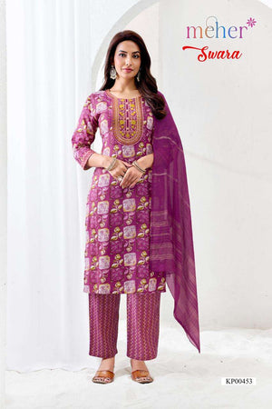 Meher Swara Rayon Foil Print Kurti Pant Dupatta Set