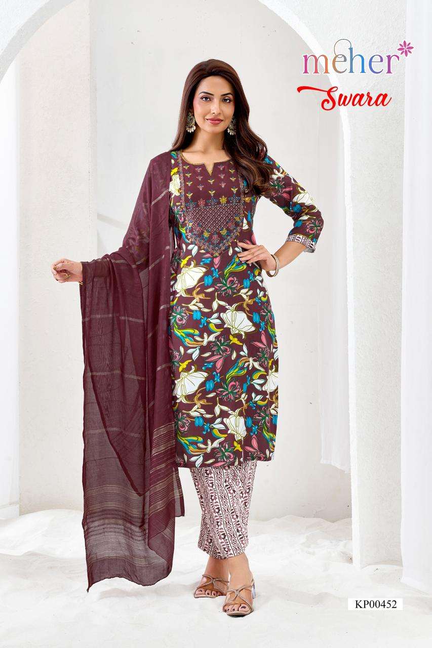 Meher Swara Rayon Foil Print Kurti Pant Dupatta Set