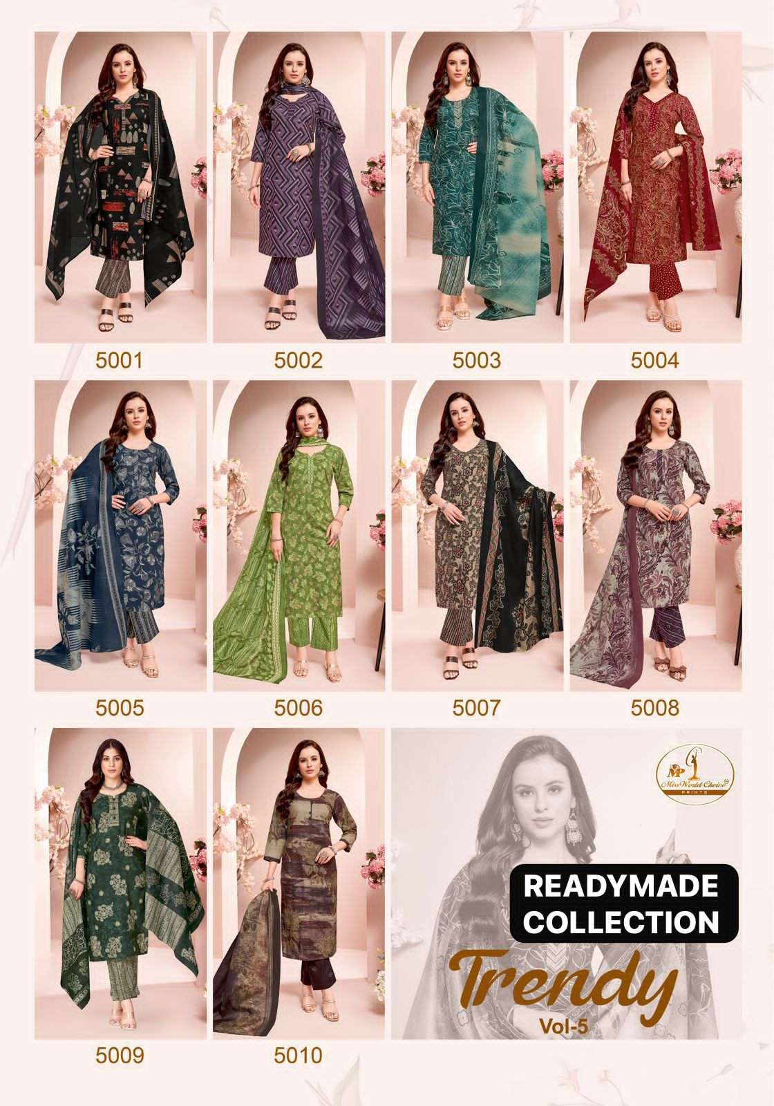 Miss World Choice Trendy Vol 5 Pure Cotton Kurti Pant Dupatta Set