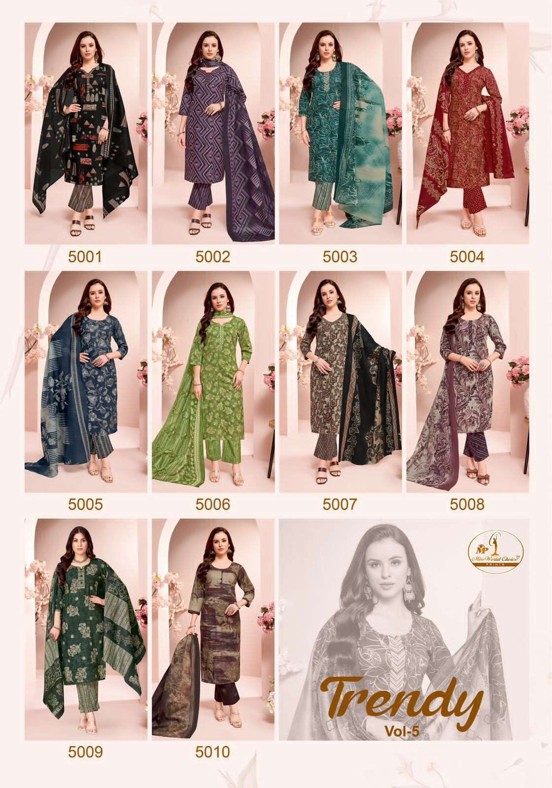 Miss World Choice Trendy Vol 5 Pure Cotton Dress Material - Amrah Wholesale