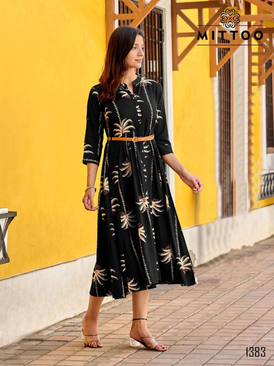 Mittoo Belt Vol 27 Rayon Printed Western Wear Midi Dress