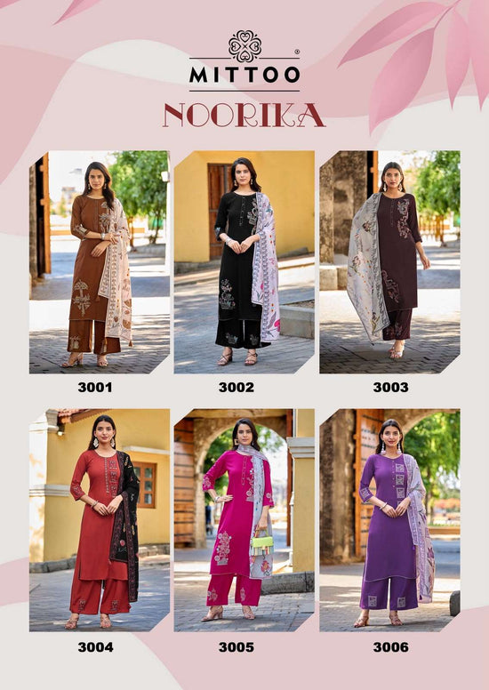 Mittoo Noorika Heavy Rayon Kurti Pant Dupatta Set Wholesale