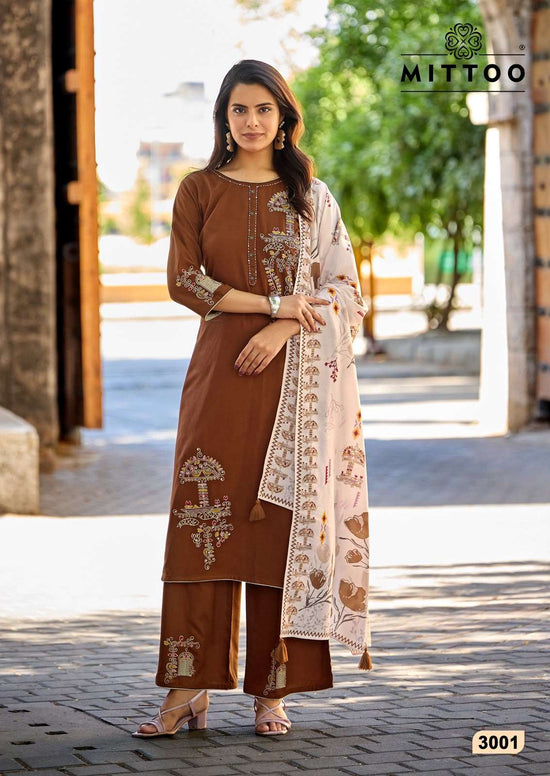 Mittoo Noorika Heavy Rayon Kurti Pant Dupatta Set Wholesale