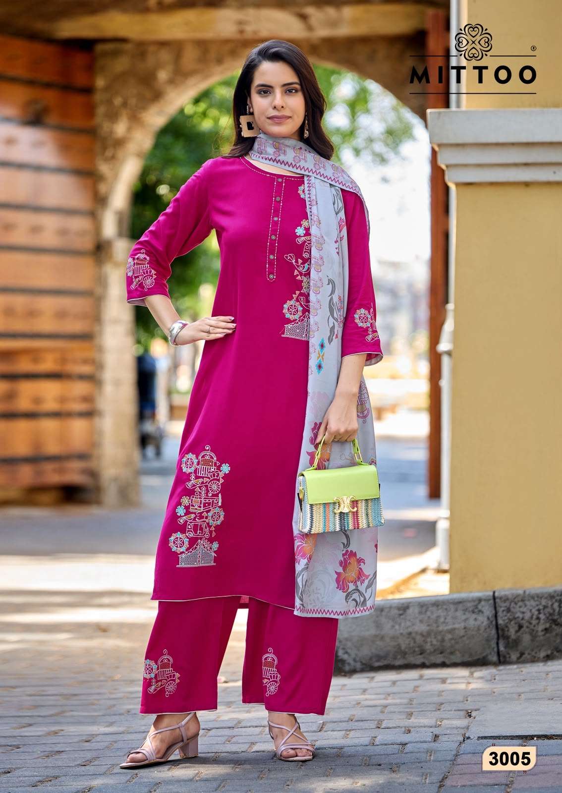 Mittoo Noorika Heavy Rayon Kurti Pant Dupatta Set Wholesale