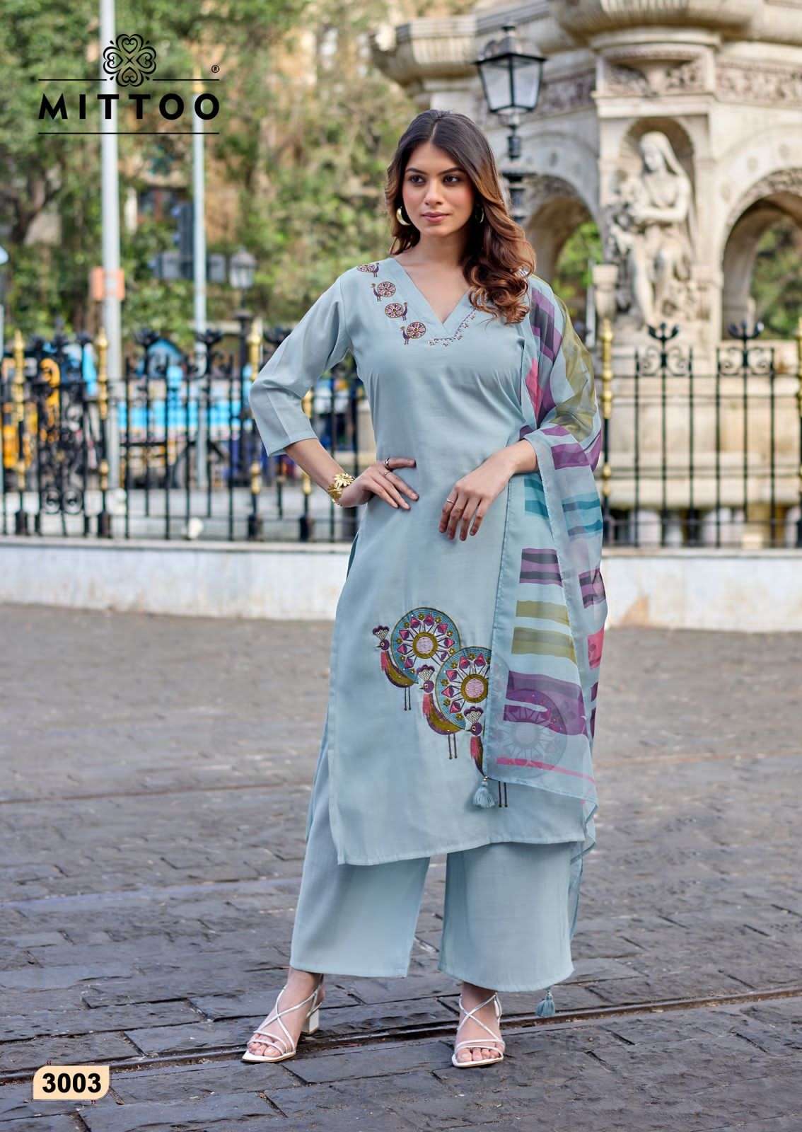 Mittoo Vanshika Roman Silk Thread Work Palazzo Suit Set - Amrah Wholesale