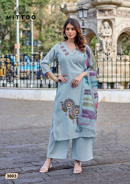 Mittoo Vanshika Roman Silk Thread Work Palazzo Suit Set - Amrah Wholesale