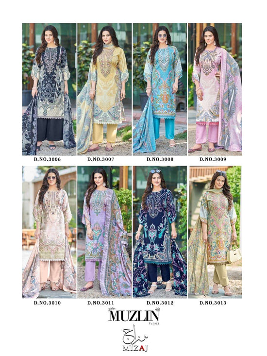 Mizaj Muzlin Vol 3 Premium Soft Cotton Dress Material - Amrah Wholesale