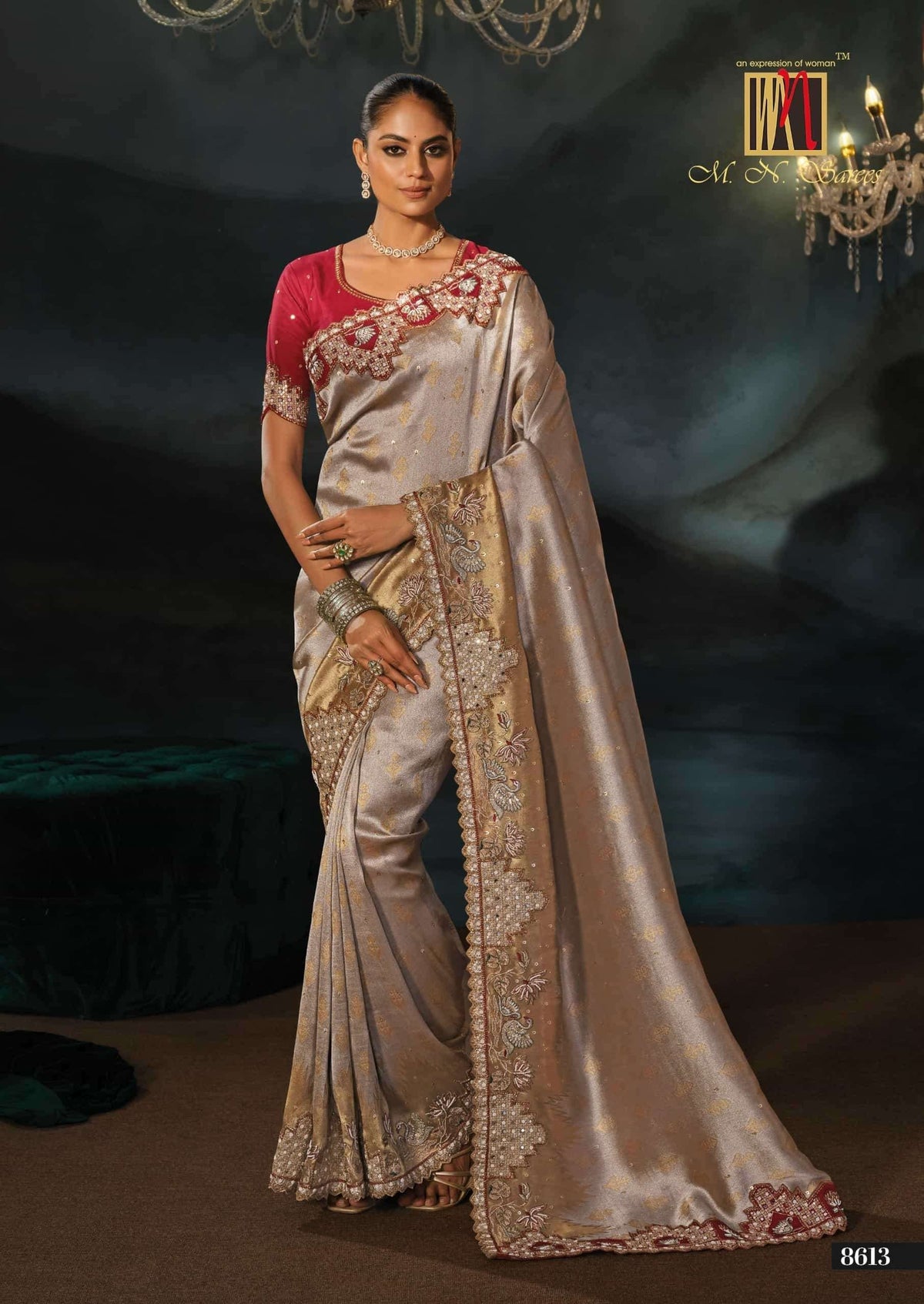 M.N SAREES 8600 SERIES Kanjivaram Silk Jari Work Embroidered Saree