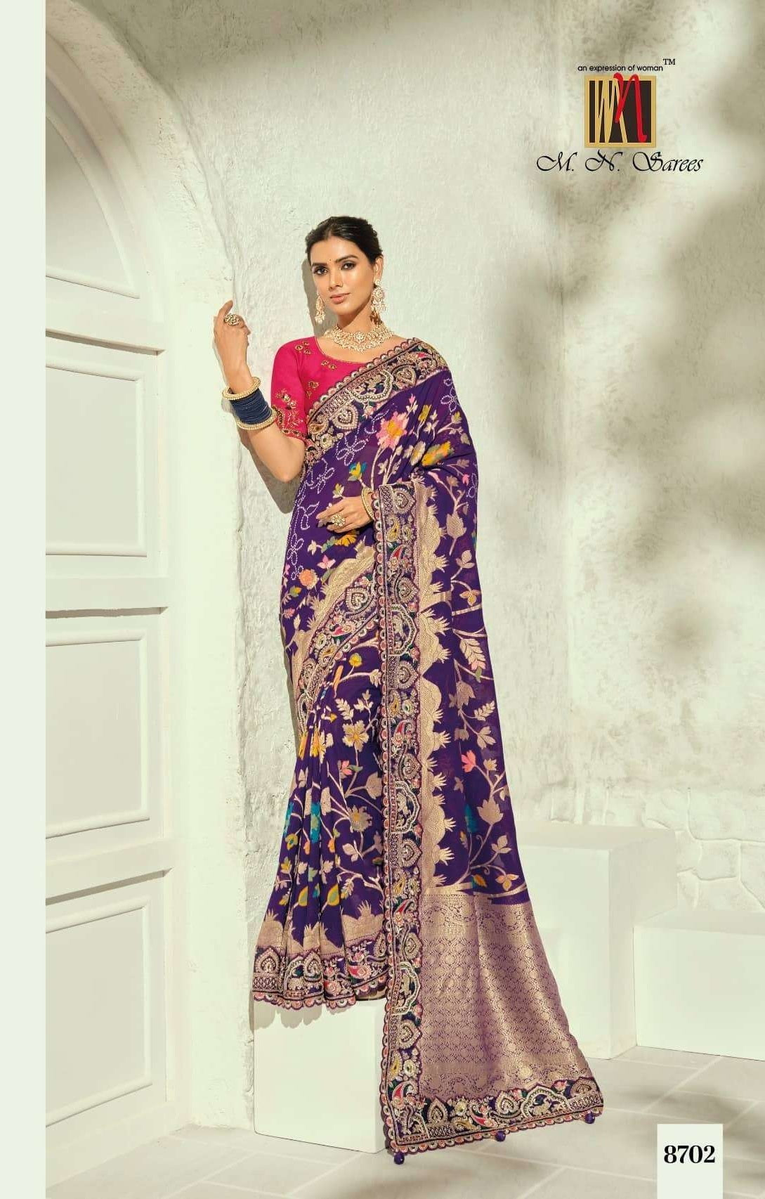 M.N SAREES 8700 SERIES Georgette Bhandhej Saree