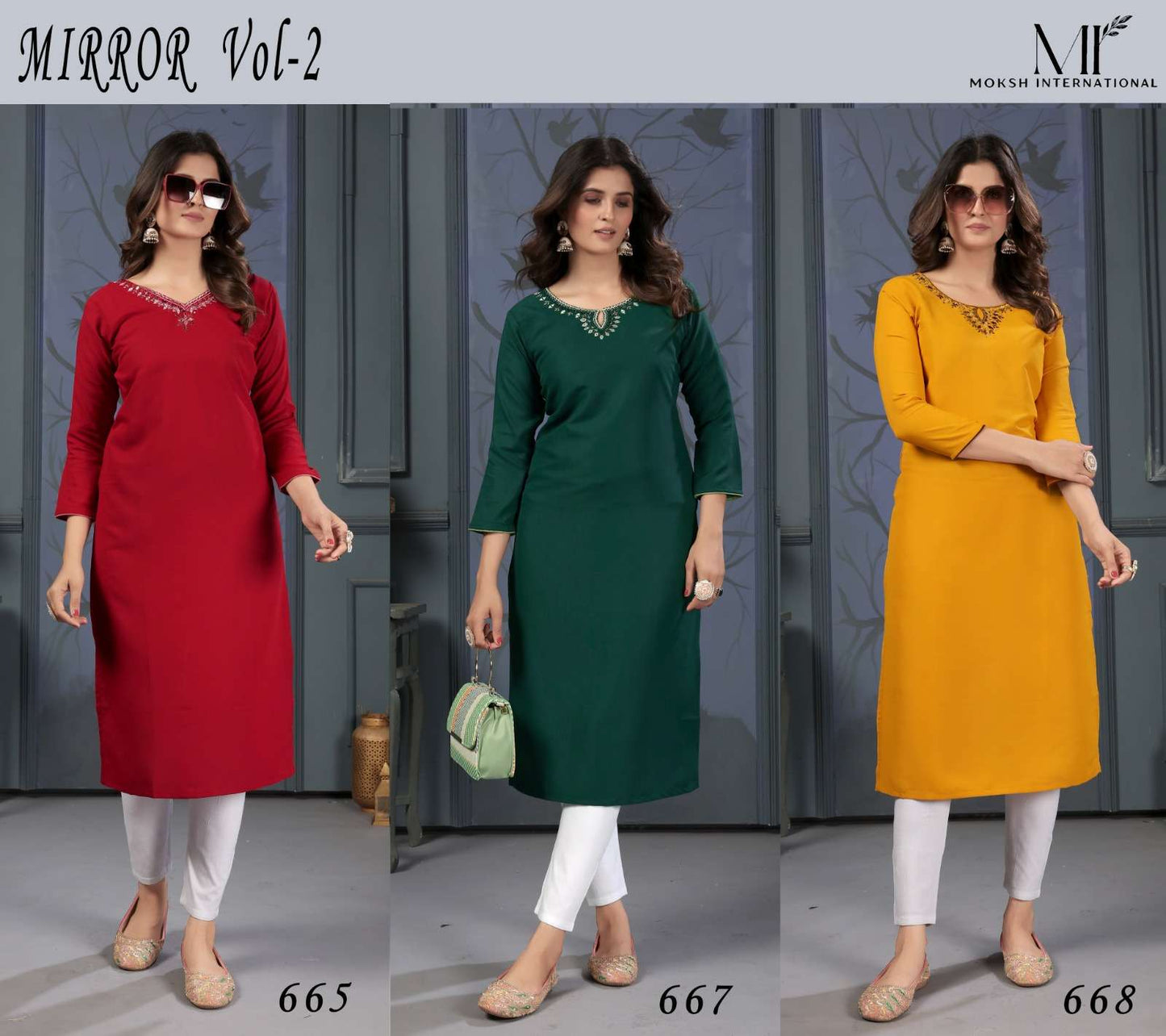 Moksh International Mirror Vol-2 Pure Cotton Handwork Stitched Kurtis