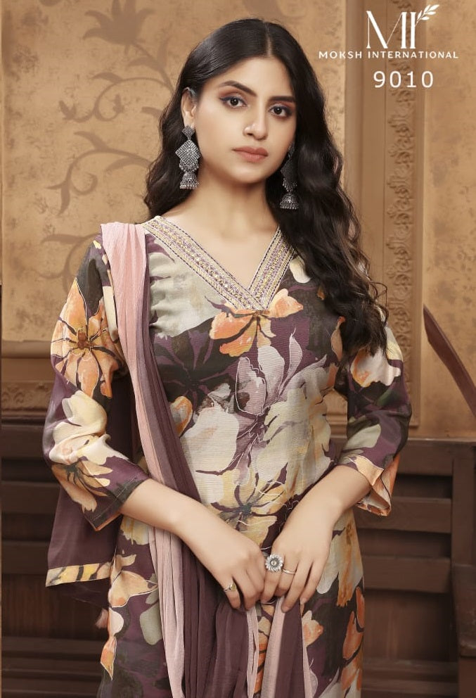 Moksh Kaashvi Vol 1 Chanderi Hand Work Kurti Pant Dupatta Set