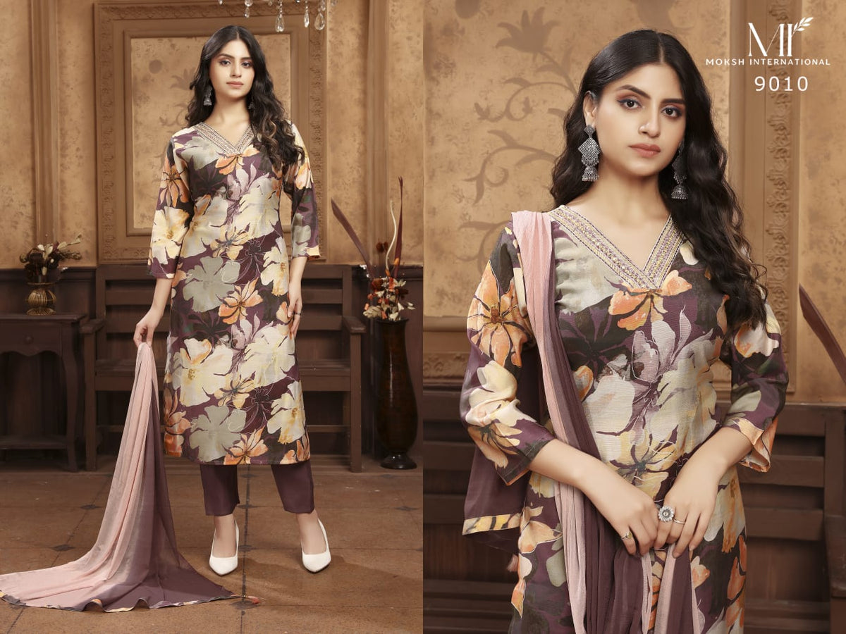 Moksh Kaashvi Vol 1 Chanderi Hand Work Kurti Pant Dupatta Set