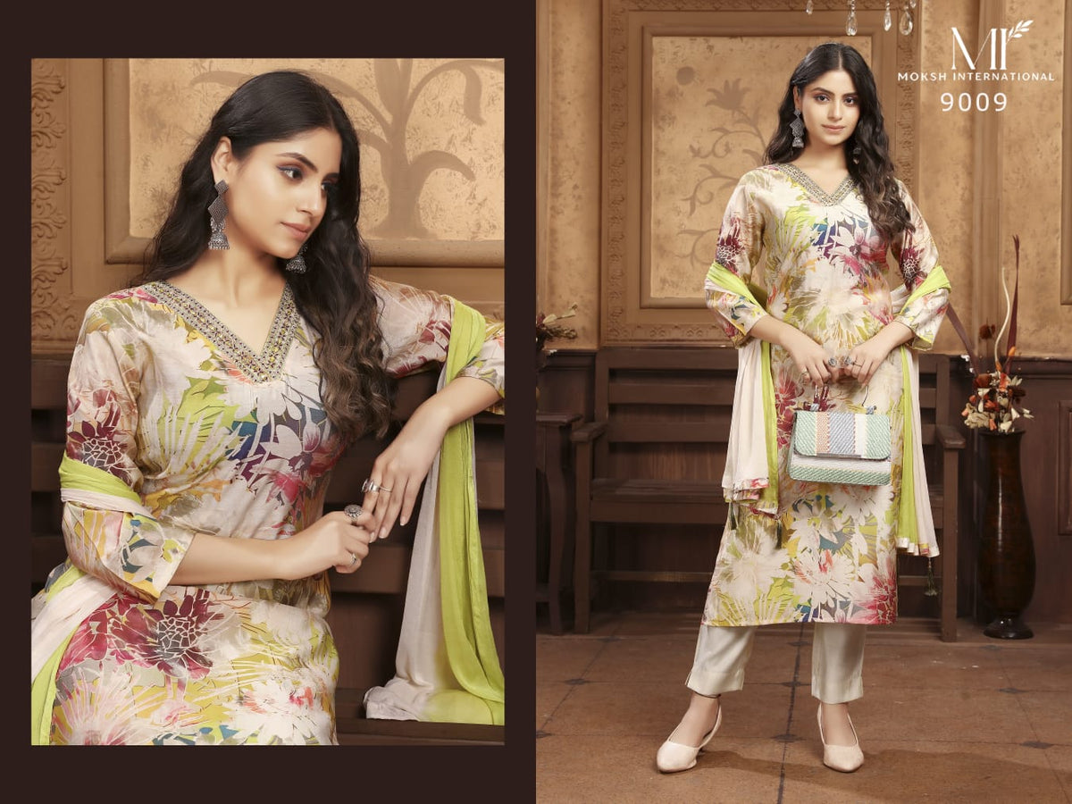 Moksh Kaashvi Vol 1 Chanderi Hand Work Kurti Pant Dupatta Set