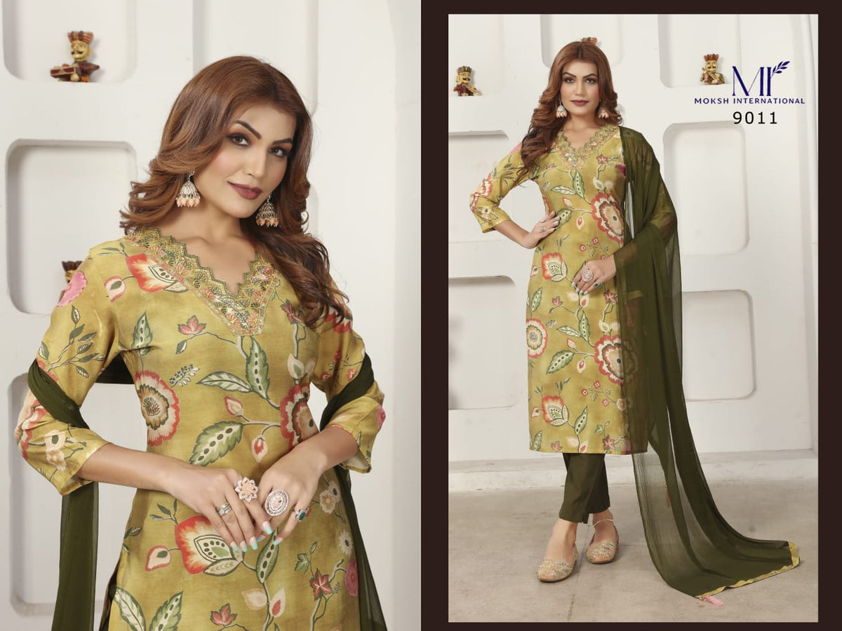 Moksh Kaashvi Vol 1 Chanderi Hand Work Kurti Pant Dupatta Set