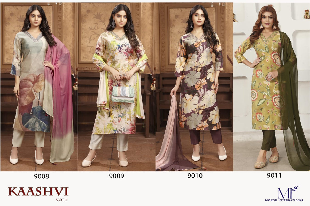 Moksh Kaashvi Vol 1 Chanderi Hand Work Kurti Pant Dupatta Set
