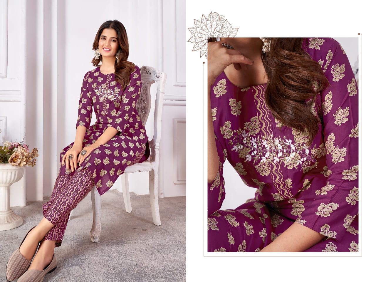 Moksh Magic D No 8497 Royal Silk Kurti Pant Set