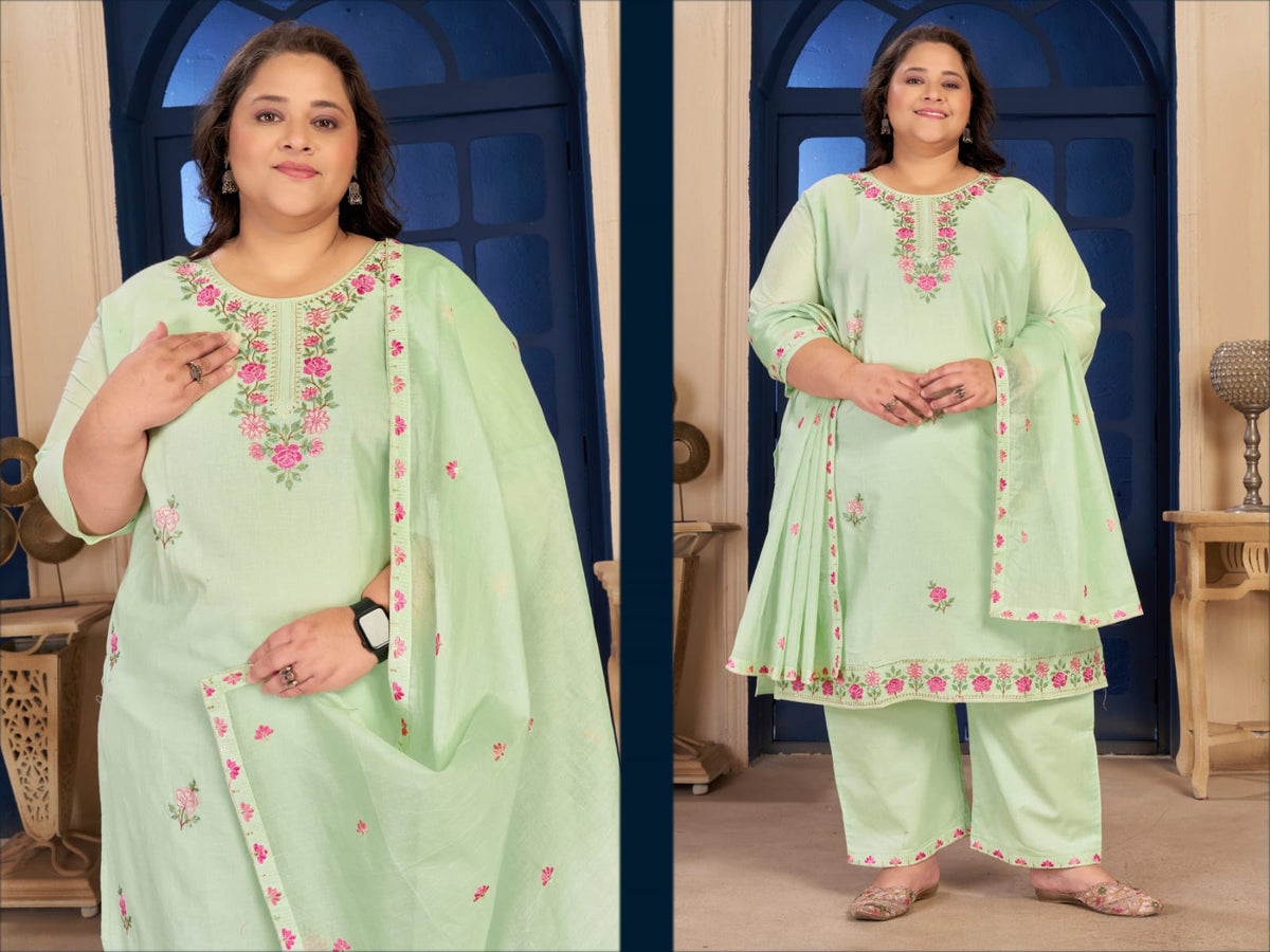Moksh Plus Size Pure Cotton Vol 1 Embroidered Kurti Pant Dupatta Set