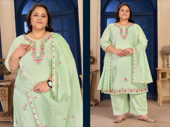 Moksh Plus Size Pure Cotton Vol 1 Embroidered Kurti Pant Dupatta Set