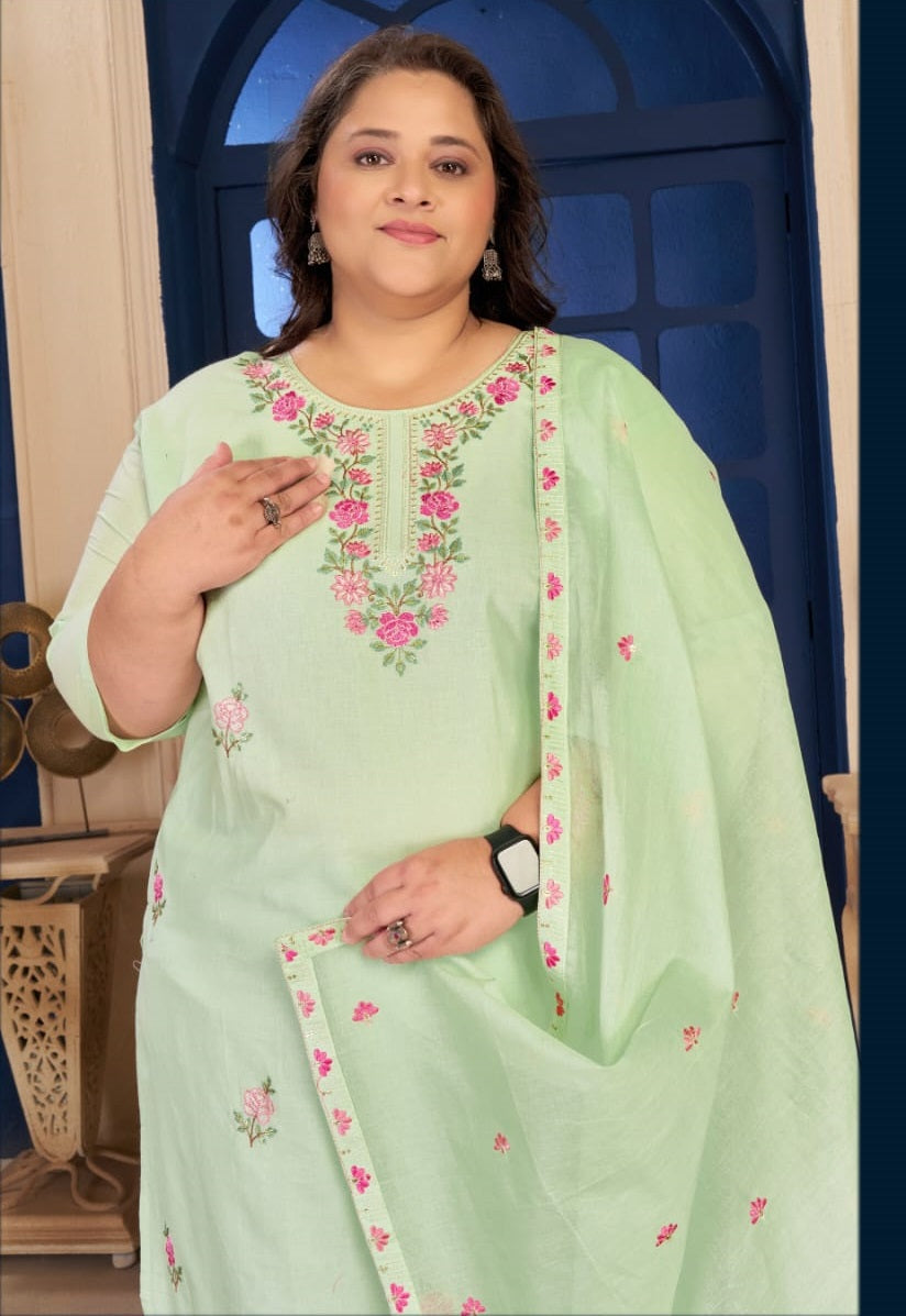 Moksh Plus Size Pure Cotton Vol 1 Embroidered Kurti Pant Dupatta Set