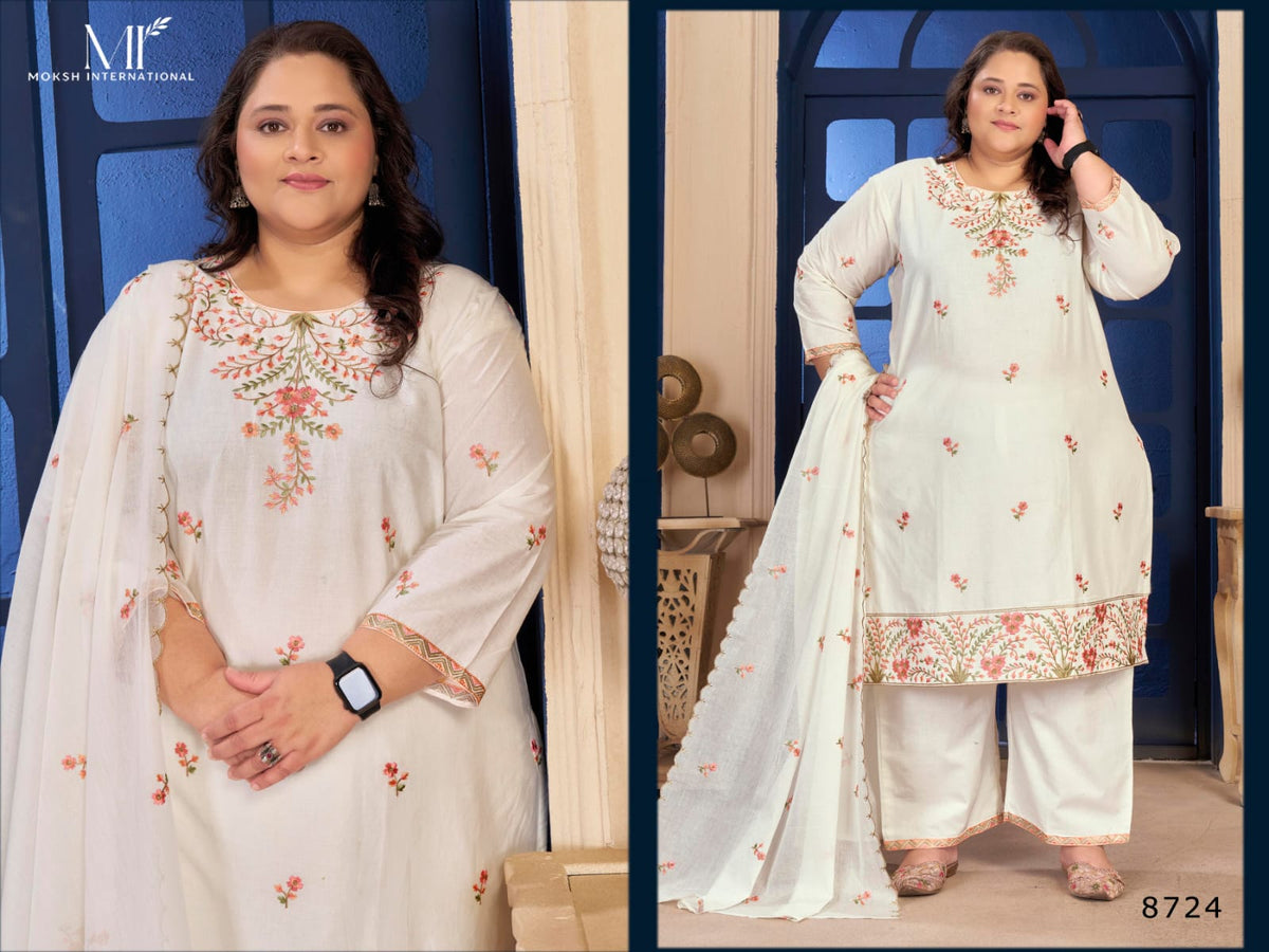 Moksh Plus Size Pure Cotton Vol 1 Embroidered Kurti Pant Dupatta Set