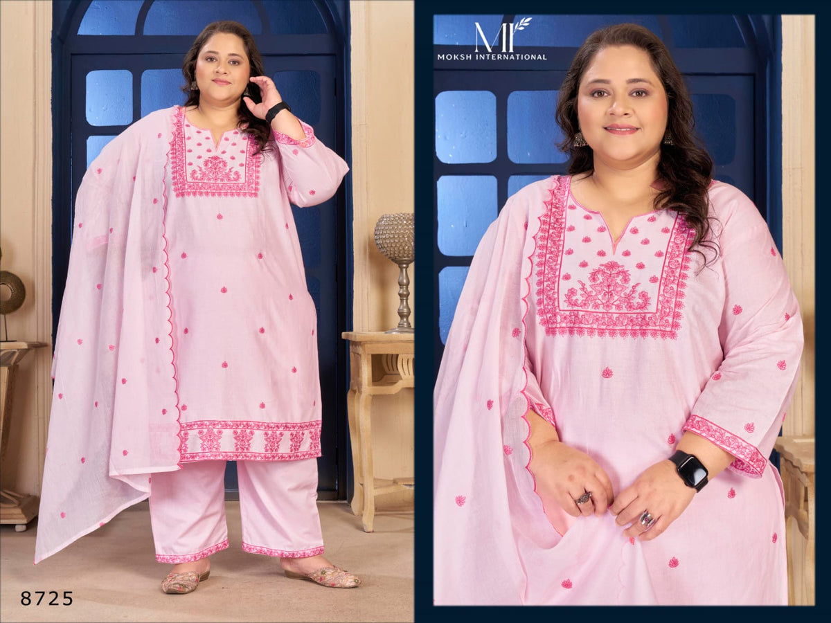 Moksh Plus Size Pure Cotton Vol 1 Embroidered Kurti Pant Dupatta Set