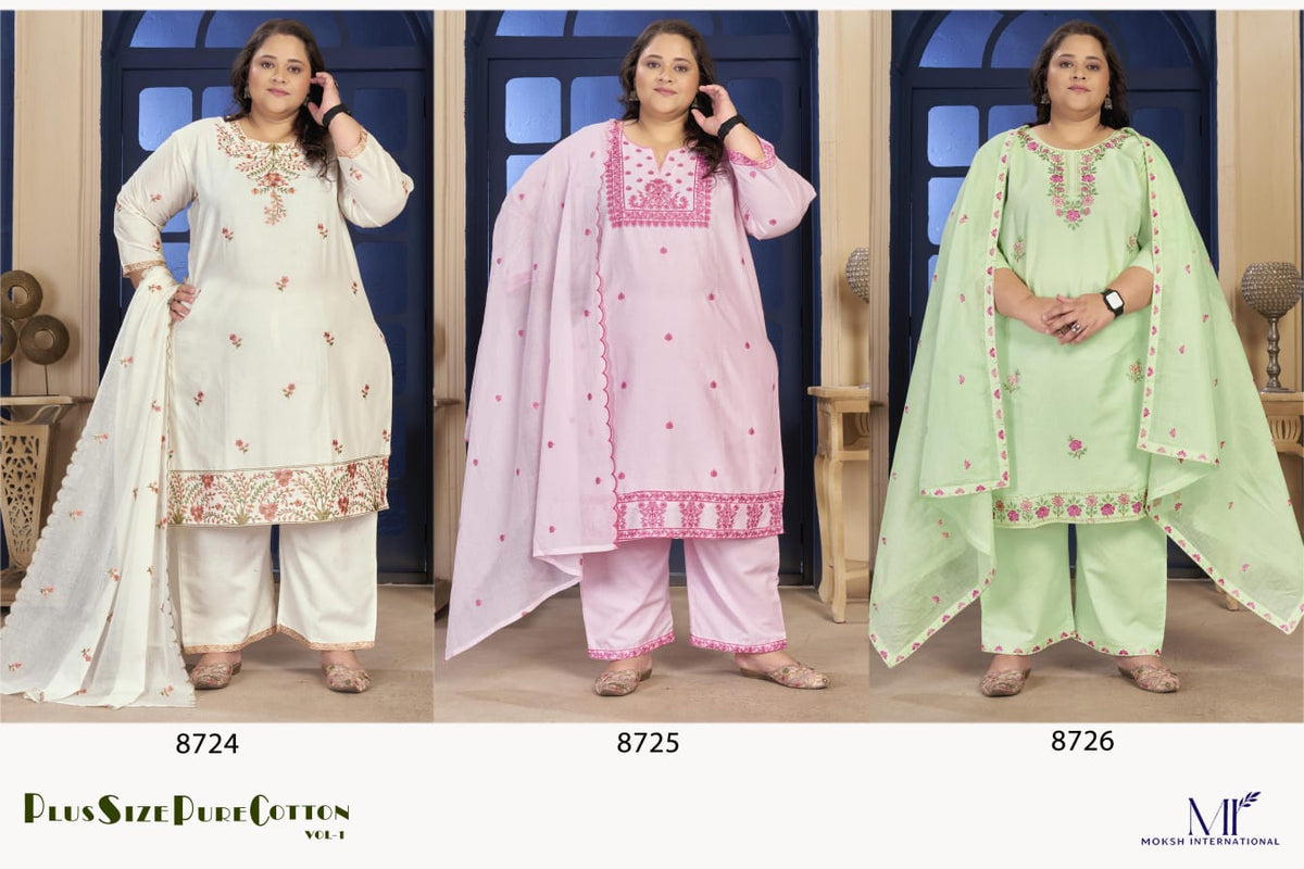 Moksh Plus Size Pure Cotton Vol 1 Embroidered Kurti Pant Dupatta Set