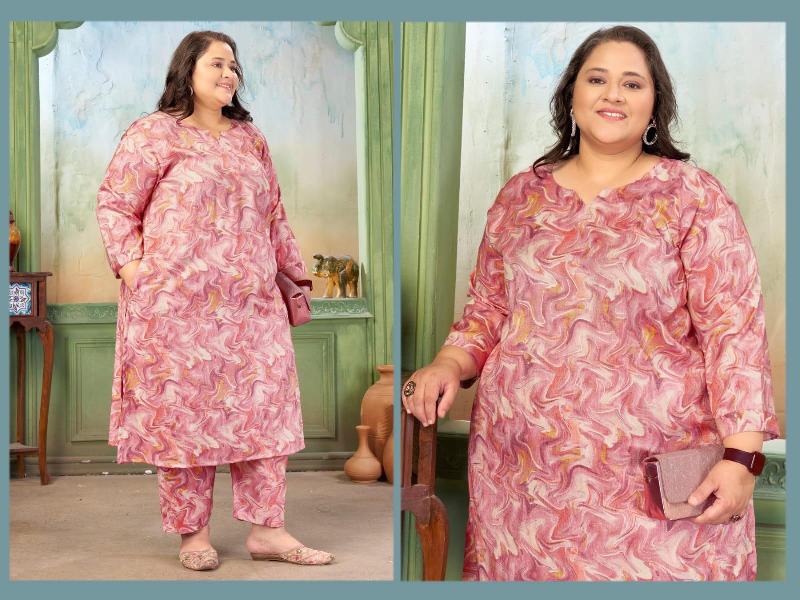 Moksh Plus Size Prisha Vol 2 Rayon Slub Printed Kurti Pant Set