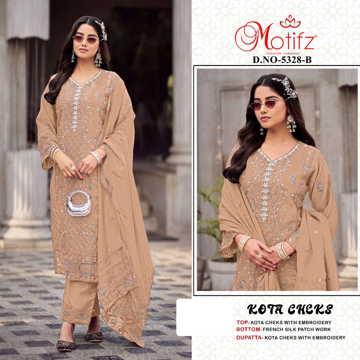 Motifz 5328 A To D Pure Kota Checks Embroidery Pakistani Suit