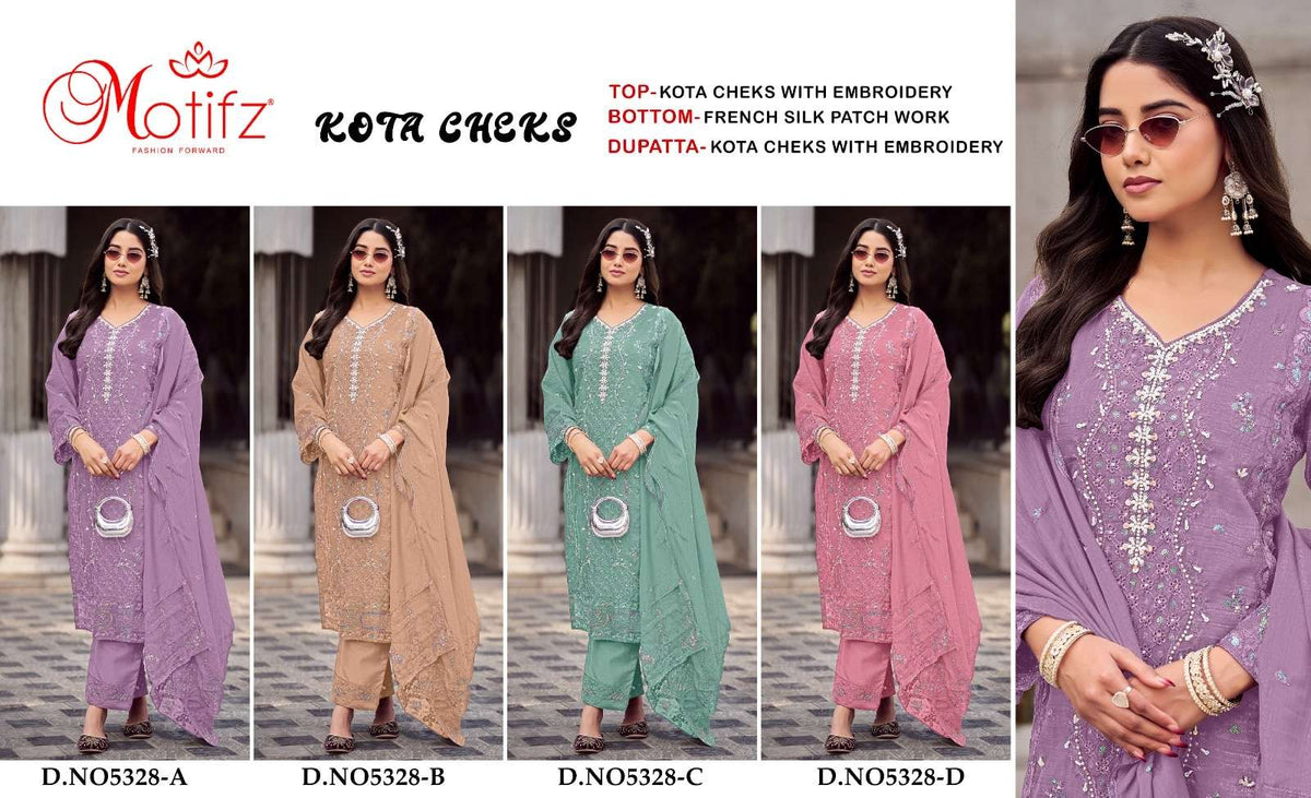Motifz 5328 A To D Pure Kota Checks Embroidery Pakistani Suit