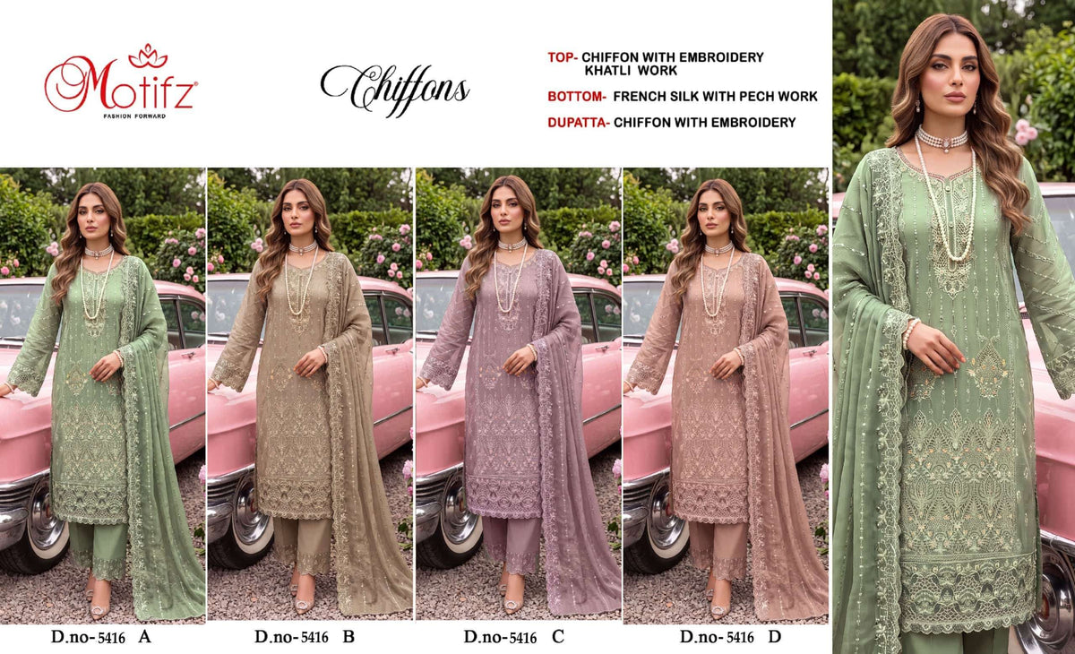 Motifz 5416 A To D Series Premium Chiffon Embroidery Pakistani Suit