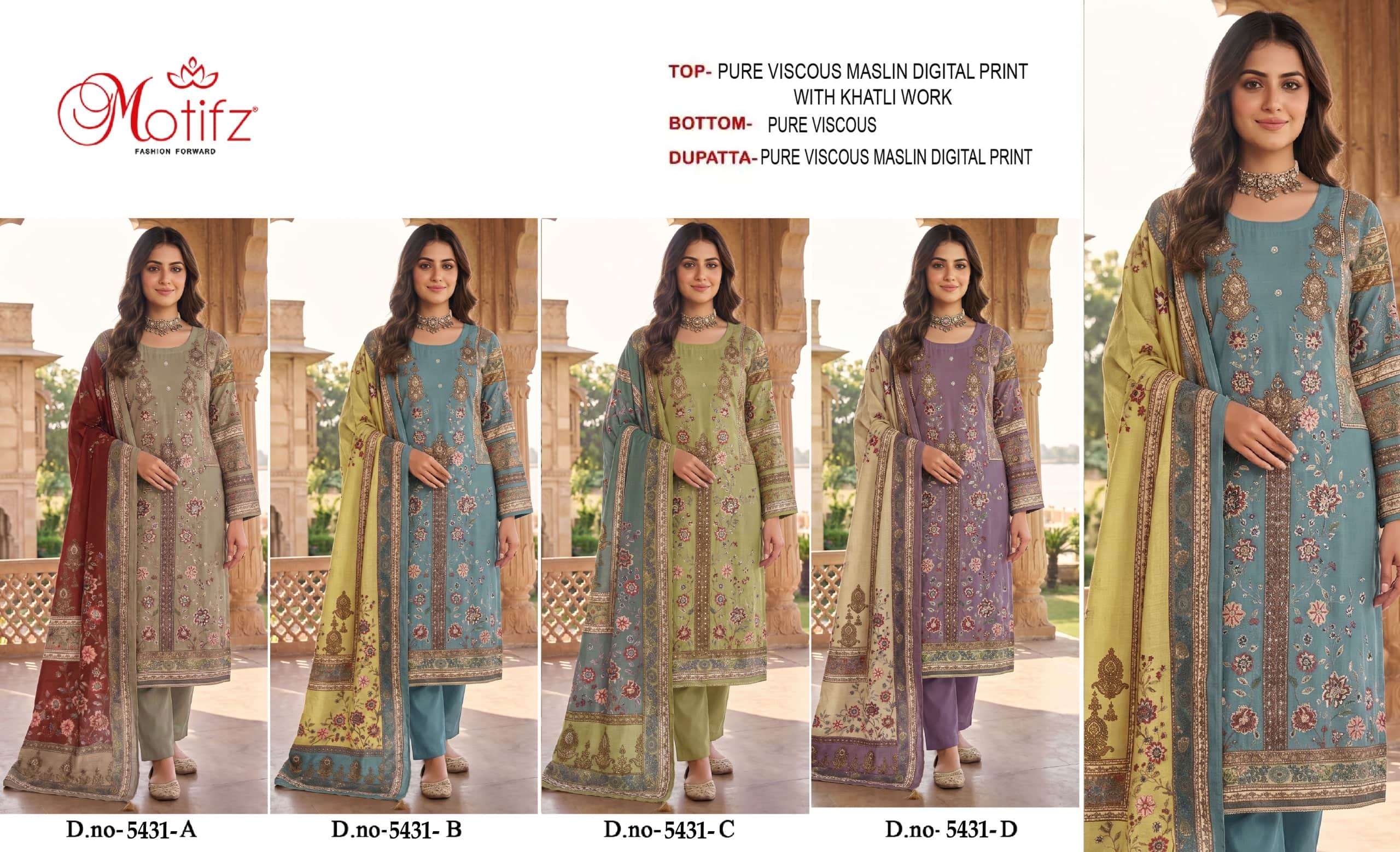 MOTIFZ 5431 A TO D Series Viscose Muslin Embroidered Dress Material