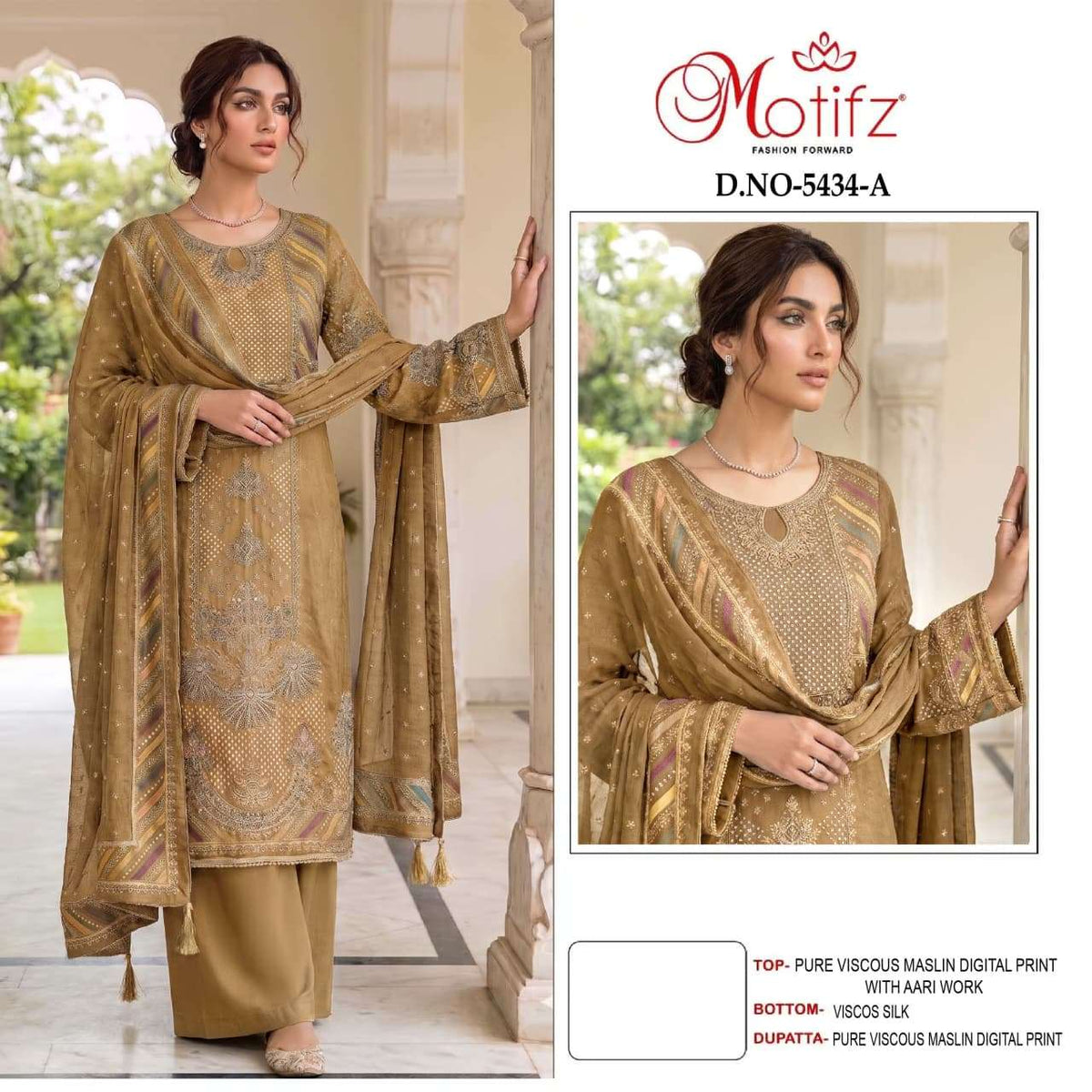 Motifz 5434 Viscose Muslin Digital Aari Embroidered Pakistani Suit