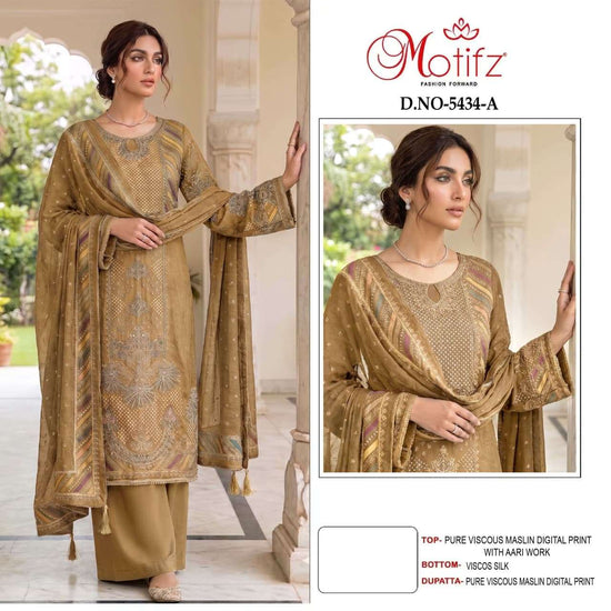Motifz 5434 Viscose Muslin Digital Aari Embroidered Pakistani Suit