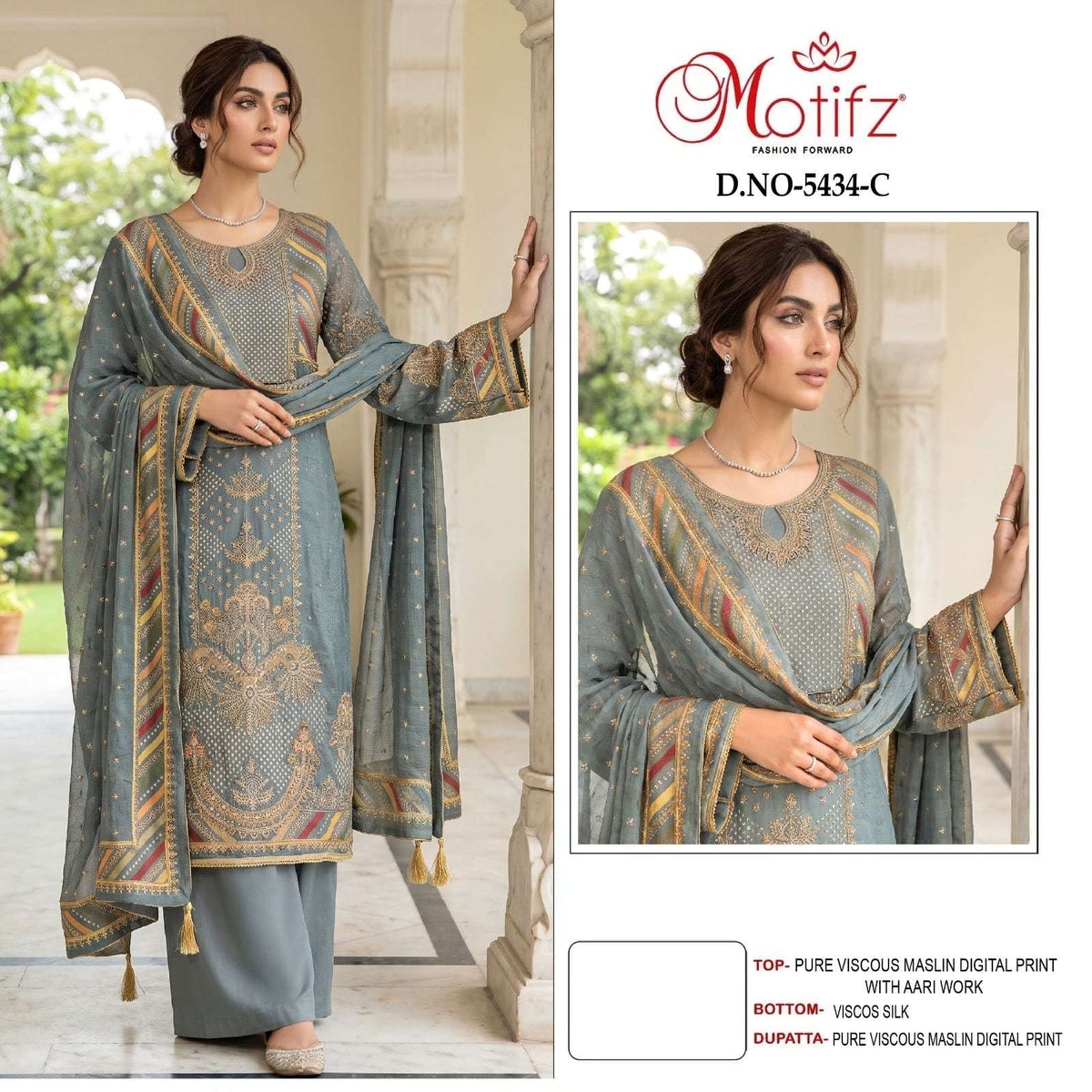 Motifz 5434 Viscose Muslin Digital Aari Embroidered Pakistani Suit