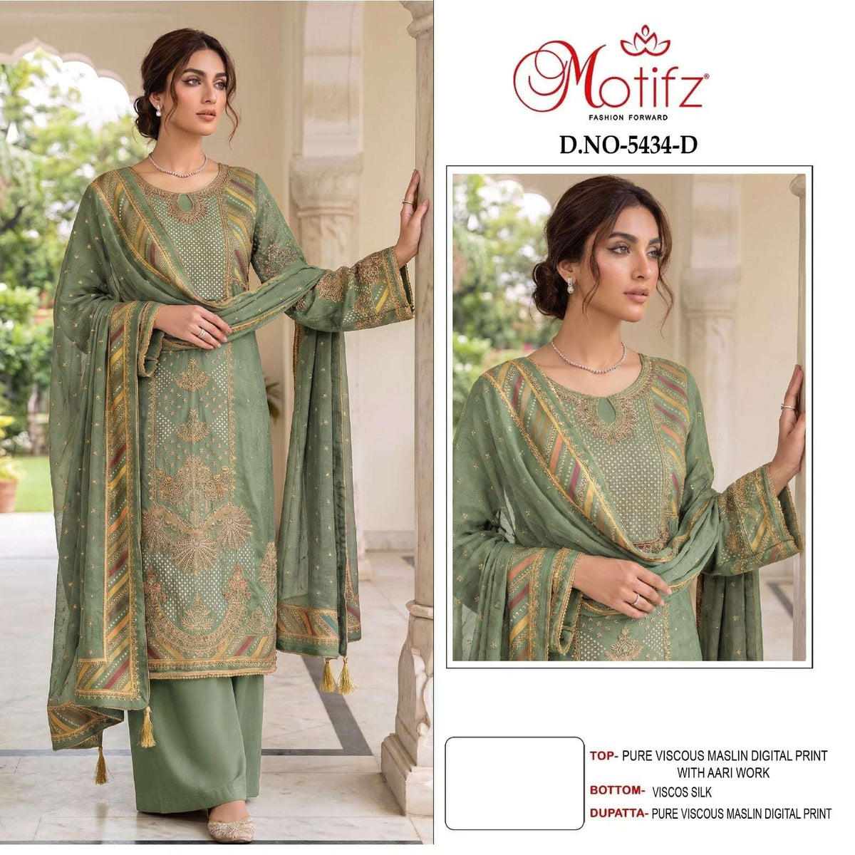 Motifz 5434 Viscose Muslin Digital Aari Embroidered Pakistani Suit