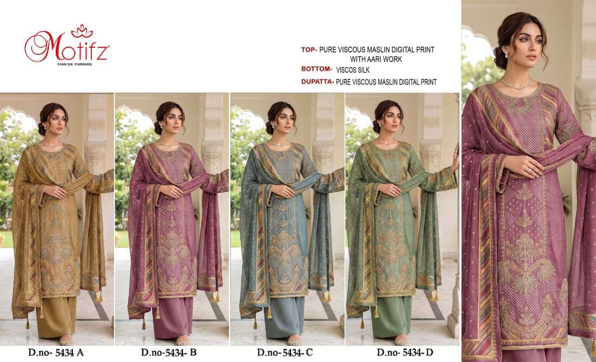 Motifz 5434 Viscose Muslin Digital Aari Embroidered Pakistani Suit