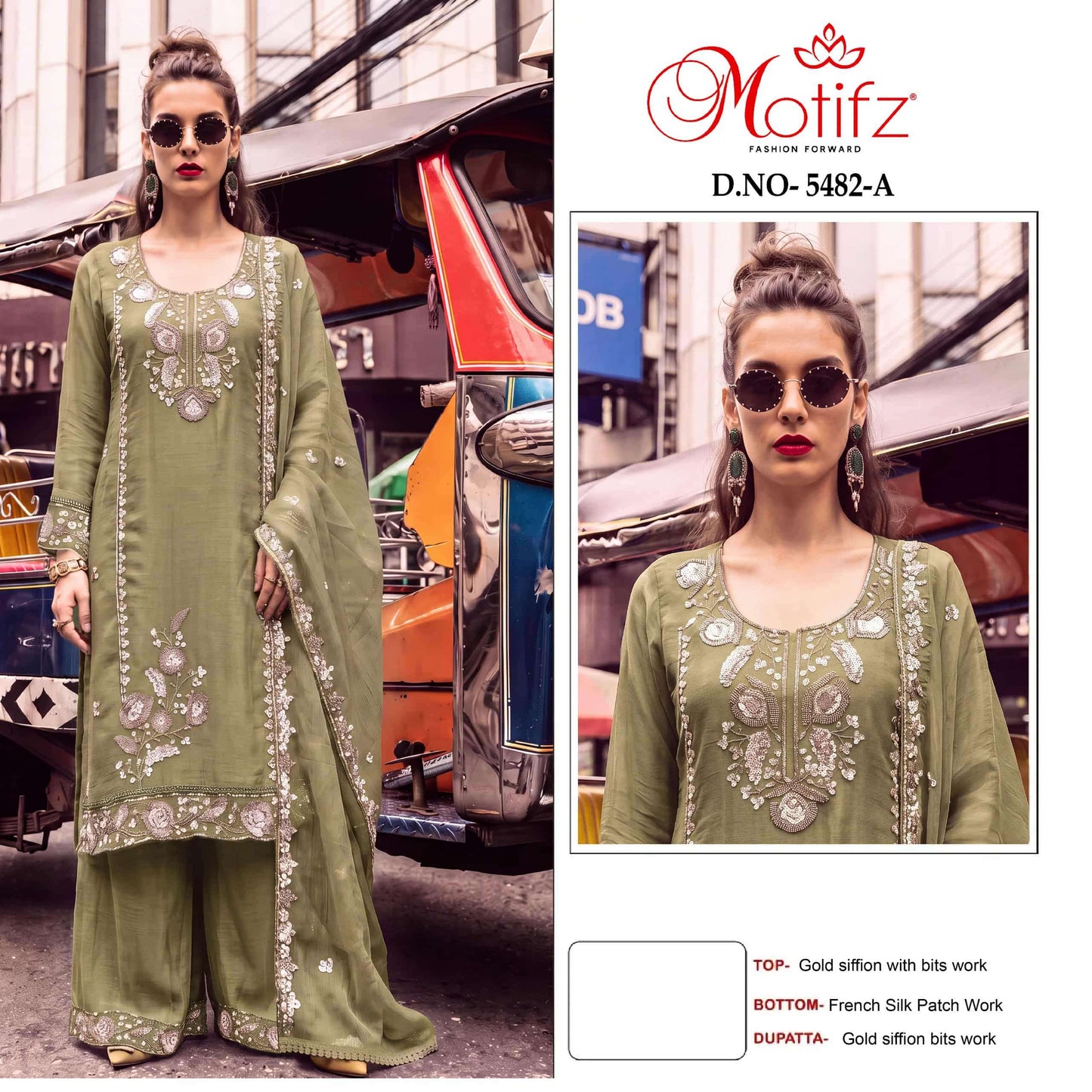 MOTIFZ 5482 Gold Chiffon Embroidered Pakistani Suit