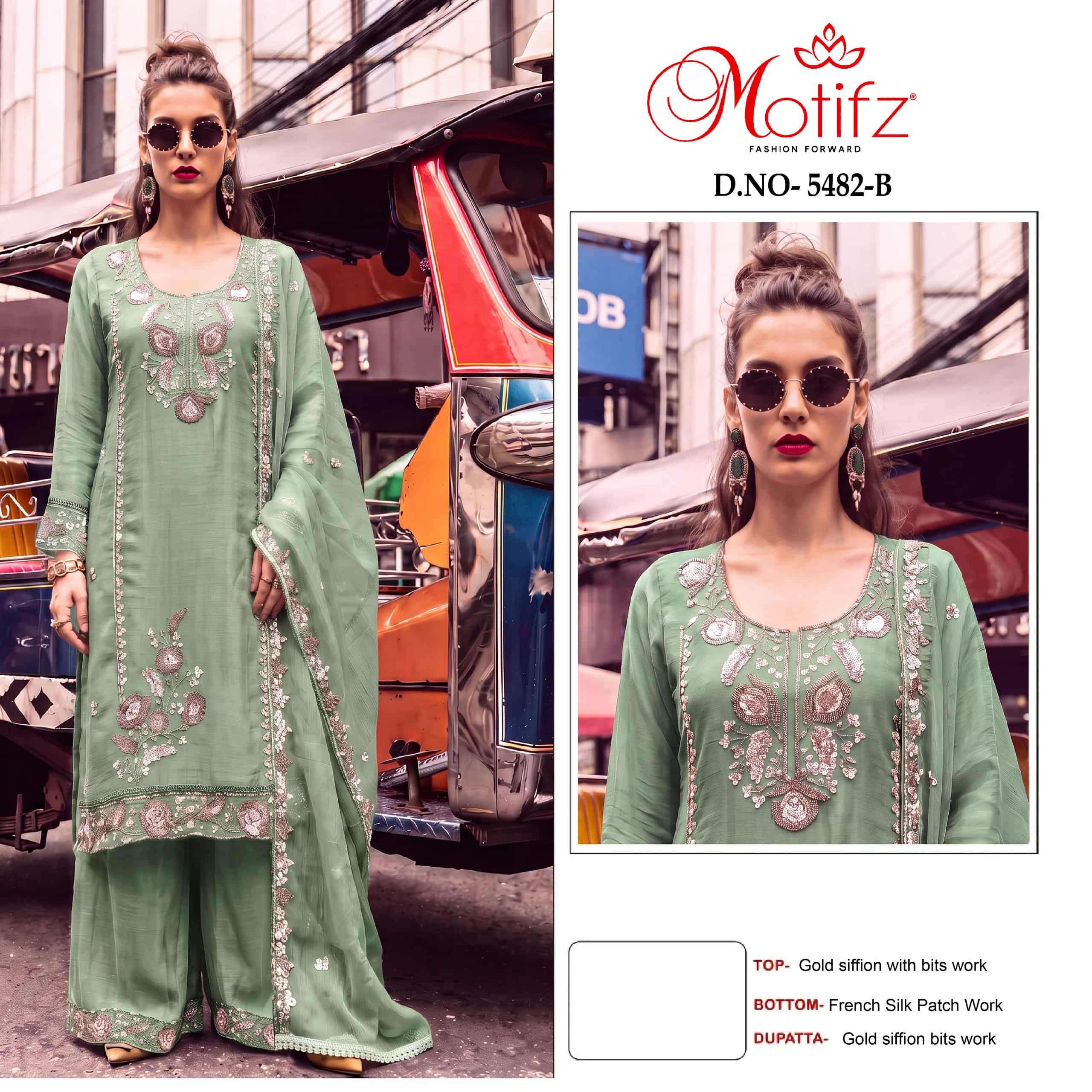 MOTIFZ 5482 Gold Chiffon Embroidered Pakistani Suit