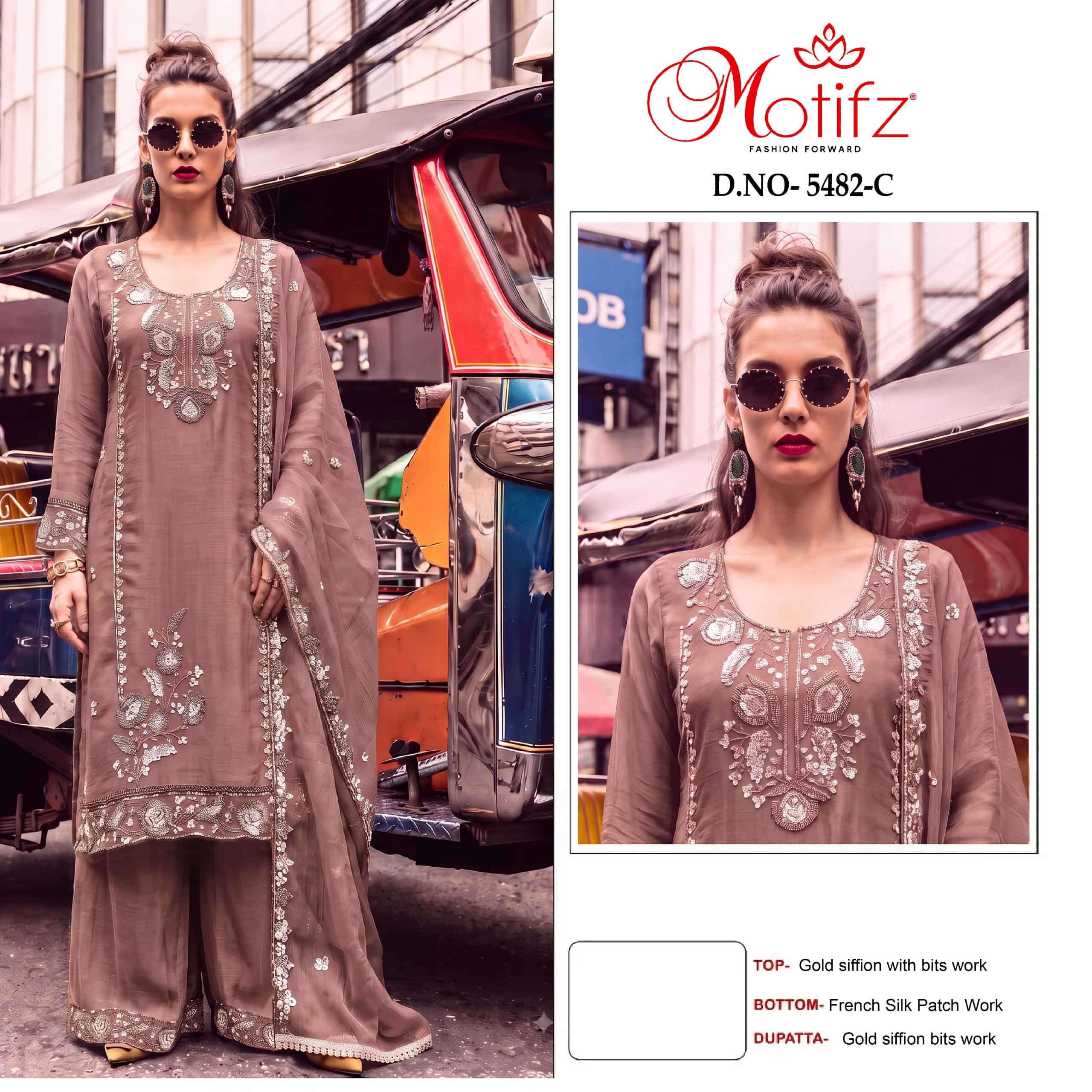 MOTIFZ 5482 Gold Chiffon Embroidered Pakistani Suit