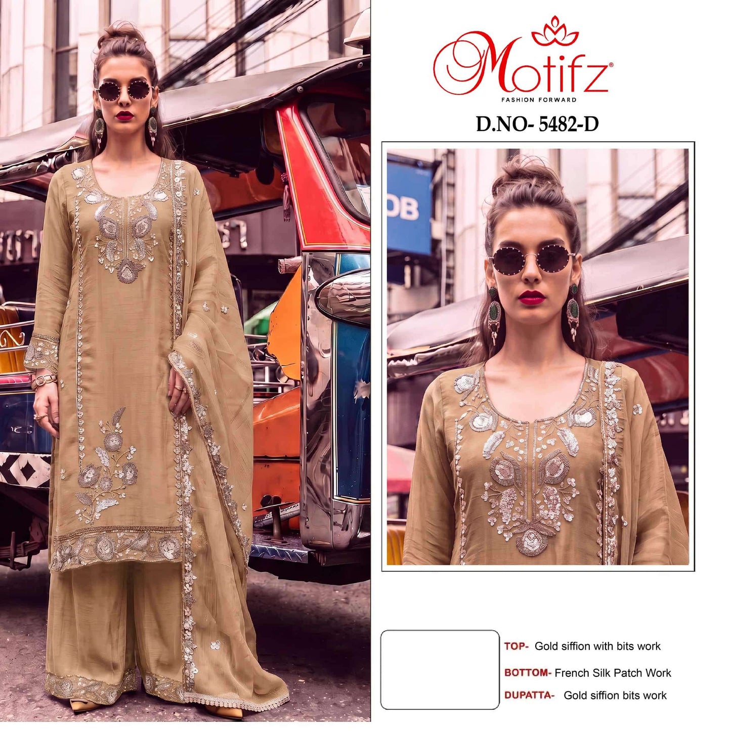 MOTIFZ 5482 Gold Chiffon Embroidered Pakistani Suit