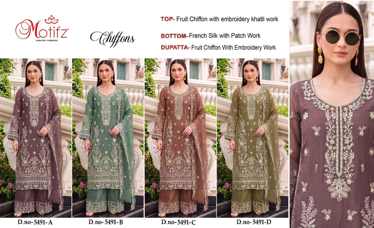 MOTIFZ 5491 Chiffon Embroidered Pakistani Suit