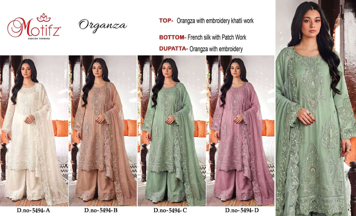 Motifz 5494 A To D Organza Silk Embroidery Pakistani Suit