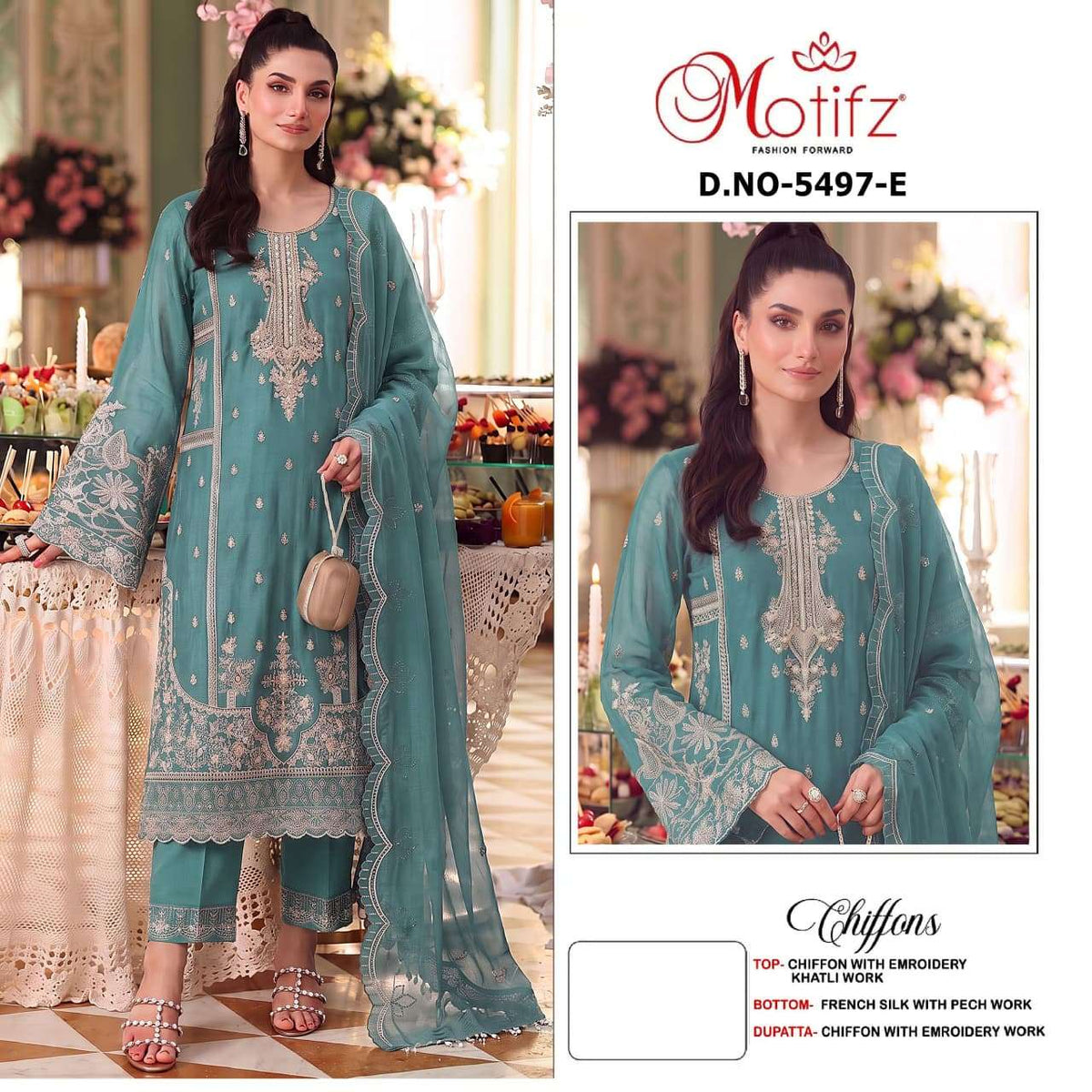 MOTIFZ 5497 Chiffon Khatli Work Semi Stitched Pakistani Suit