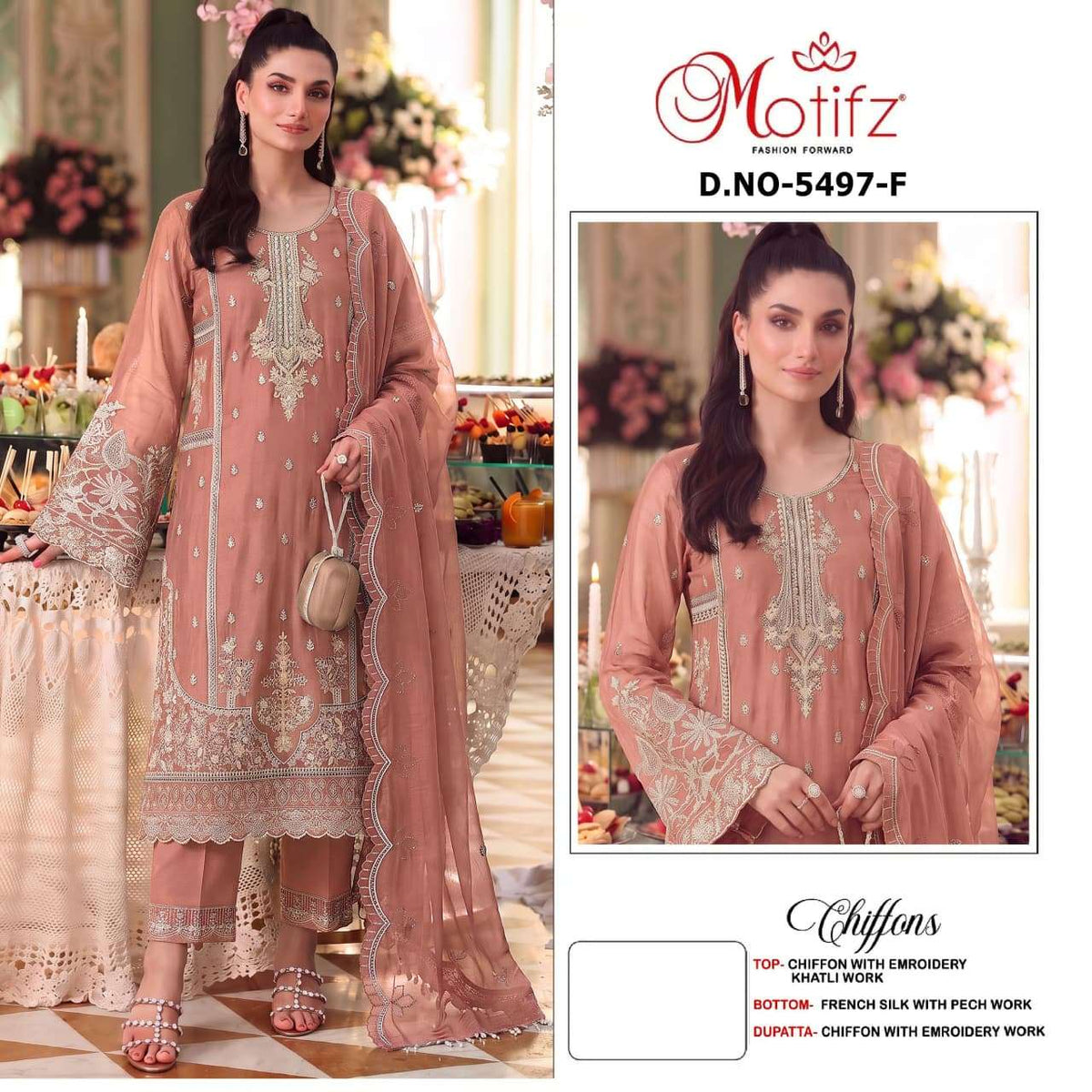 MOTIFZ 5497 Chiffon Khatli Work Semi Stitched Pakistani Suit