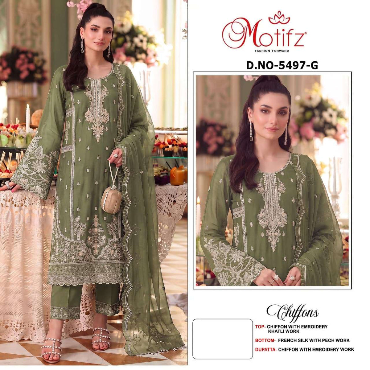 MOTIFZ 5497 Chiffon Khatli Work Semi Stitched Pakistani Suit